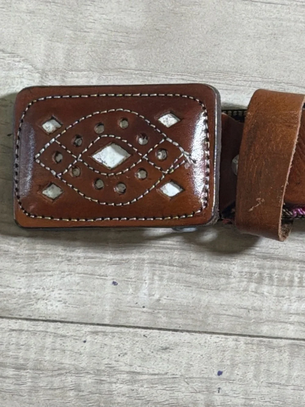 Handcrafted Brown Leather and Pink Woven Belt